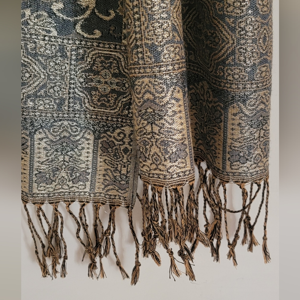 Pashmina Fringed Lightweight Scarf Gray Blue & Gold 72"